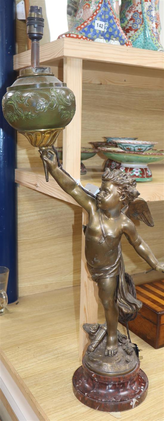 A spelter cherub table lamp, signed L. Gregoire overall height 82cm